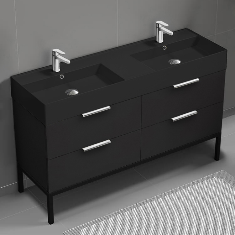 Bathroom Vanity Modern Black Double Bathroom Vanity, 56 Inch, Chrome Handles, Free Standing Nameeks DERIN380